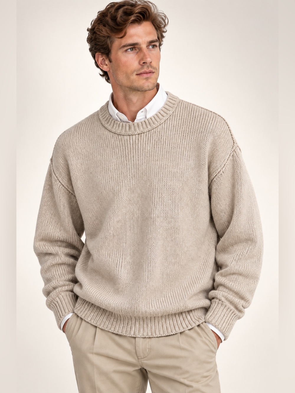 Banana Republic Mens Wool Cotton Crewneck Sweater Fisherman Grandpacore Beige XL